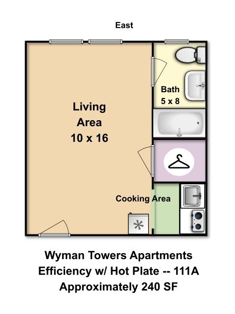 Studio, 1 bath, 240 sqft, $1,075, Unit 111A