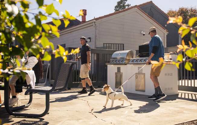 a man is standing on a patio with a dog