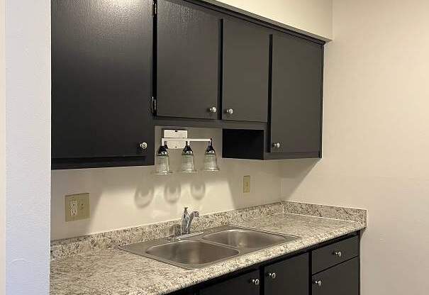 A kitchen with black cabinets and a granite countertop.