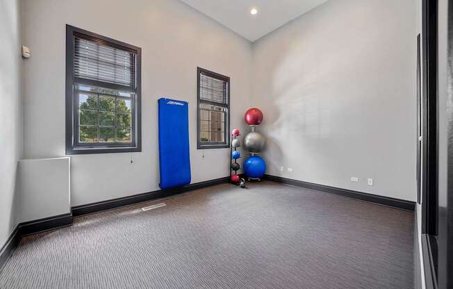 A room with a blue exercise machine and a red ball.