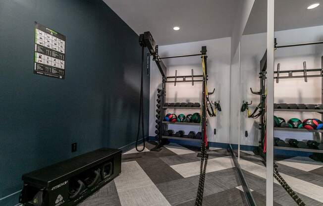 a home gym with weights and equipment on shelves