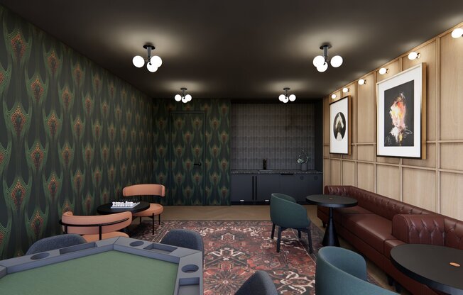 Speakeasy lounge with table games and comfortable seating.