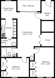 2 beds, 1 bath, 890 sqft, $1,261