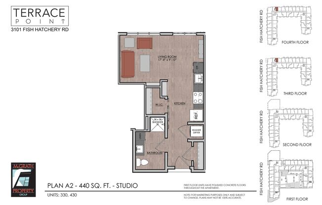 Studio, 1 bath, 440 sqft, $1,290, Unit 430