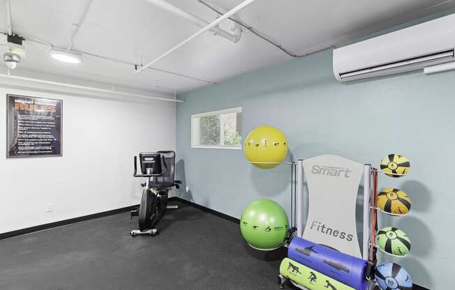 Fitness Facility with weighted wall balls, stationary bike, and more at King Arthurs Court, Seattle, Washington