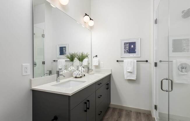A bathroom with a white sink and a mirror.