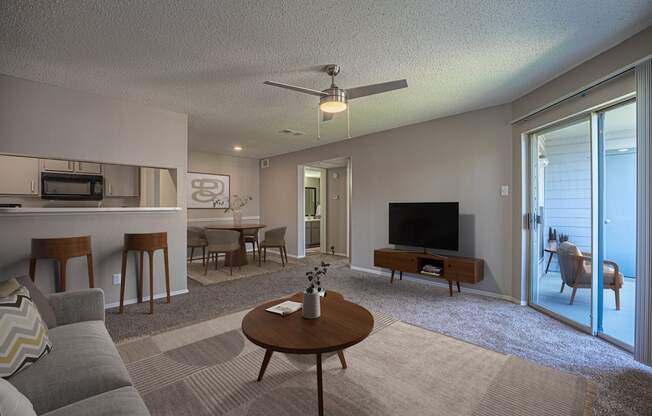 A living room with a grey couch, a wooden coffee table, and a television.