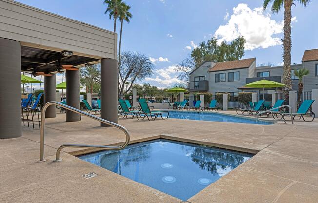 a pool next to a building