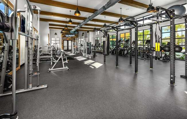 a gym with weights and cardio equipment on the floor and glass doors at The Alibi at Lake Lilly, Ocoee, FL