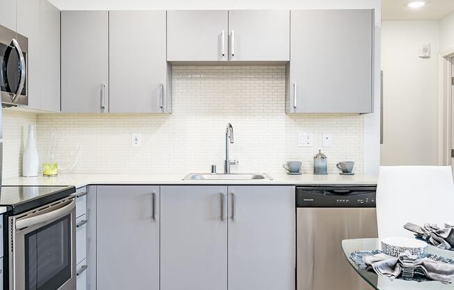 Kitchen with stainless-steel dishwasher, Quartz Countertops, Custom Cabinetry