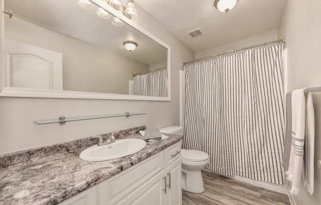 Bathroom with large mirror and white cabinetry