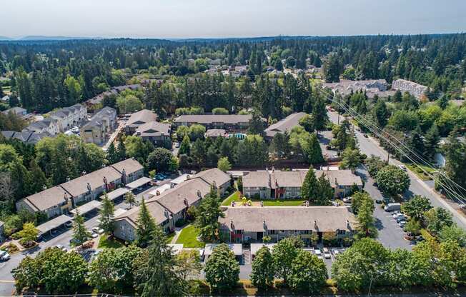 an aerial view of a neighborhood of houses and trees at Quartz Creek, Mountlake Terrace, Washington