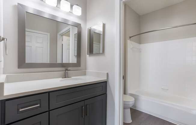 A bathroom with a white sink and a large mirror.