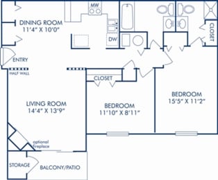 2 beds, 2 baths, 944 sqft, $1,240