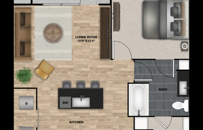 1 bed, 1 bath, 734 sqft, $1,134