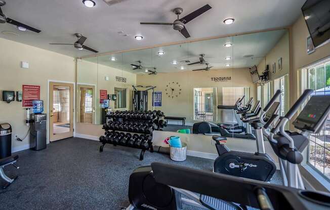 A gym with treadmills, elliptical machines, and a rowing machine.