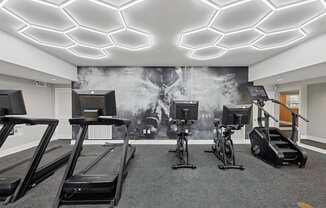 A gym with treadmills, exercise bikes, and a wall mural.