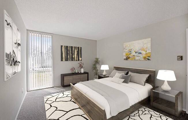 A bedroom with a large bed and a painting on the wall.