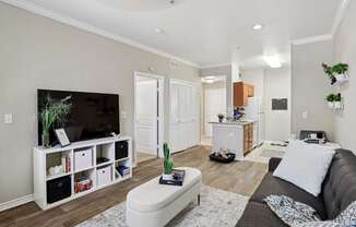 Windsor living room with a grey couch and a white coffee table at Encore at Buckingham Apartments in Richardson, TX