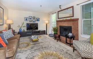 a living room with a fireplace and a tv