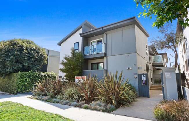 an apartment building with a sidewalk and plants in front of it