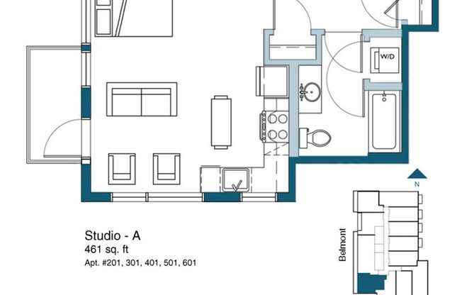 Studio, 1 bath, 442 sqft, $1,875, Unit 401