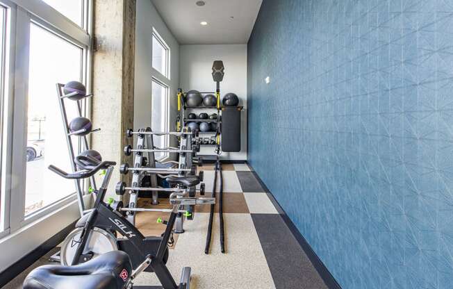 a workout room with weights and a blue wall and a window