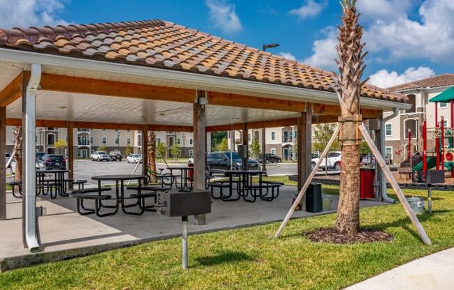 The picnic pavilion with picnic tables at the Flats at Sundown in North Port, Florida