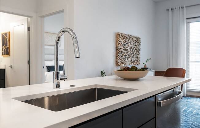 a kitchen with a sink and a chrome faucet