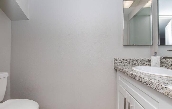 a room with a sink and a mirror