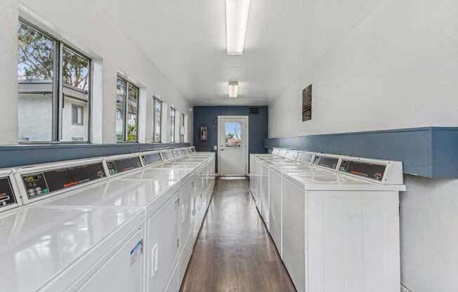 A laundromat with rows of washers and dryers.