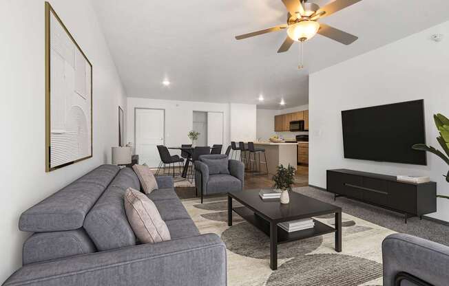 A living room with a grey sofa and a black television.