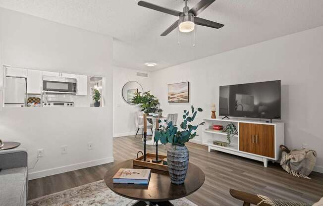 A living room with a ceiling fan, a couch, a coffee table, and a television.