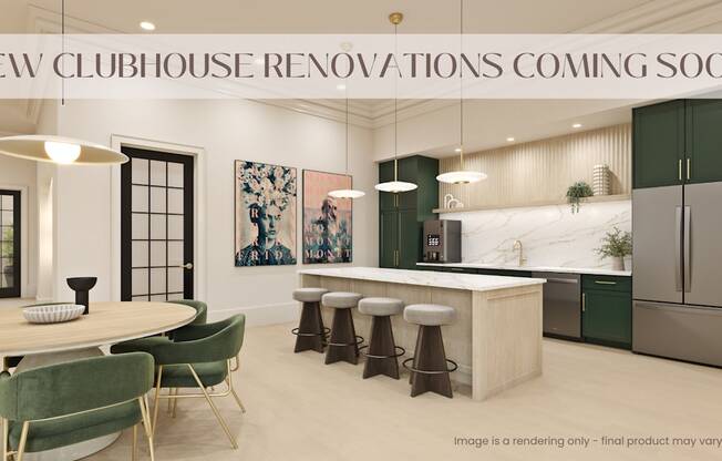 A rendering of a modern clubhouse interior with green chairs, a bar, and a kitchen.