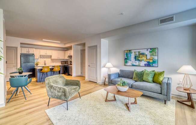 A living room with a grey couch and a rug.