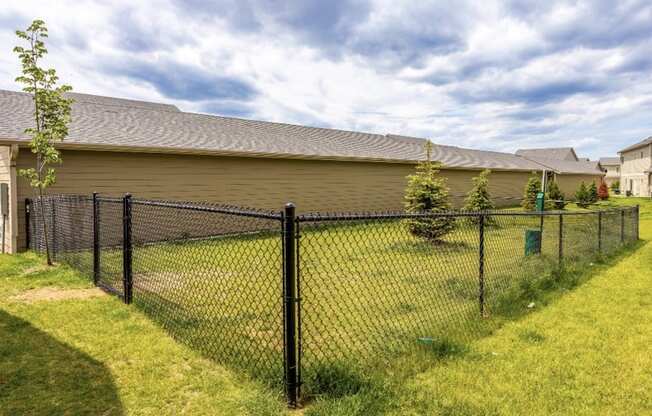 Fenced dog park with agility equipment.