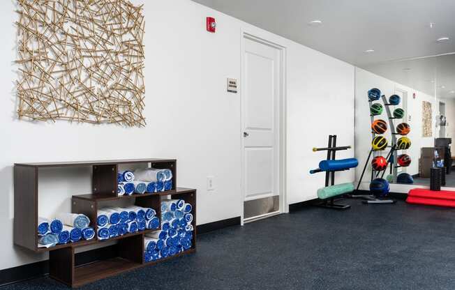 a workout room with weights and a shelf of blue and white glasses and a wall