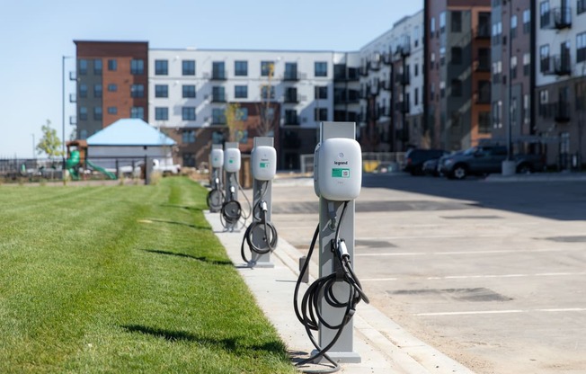 A row of electric vehicle charging stations are lined up on a grassy area.