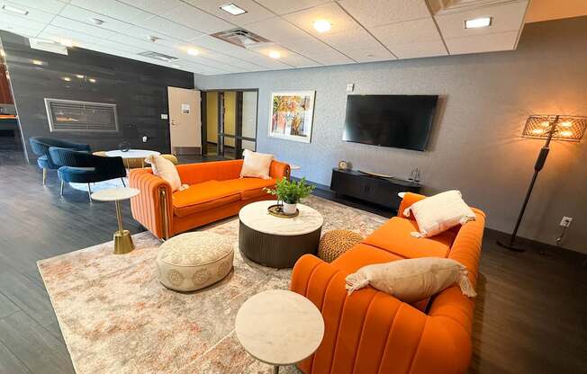 A living room with a fireplace and a television.