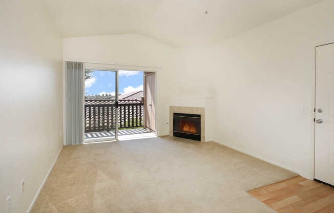 Carpeted Living Room with FIreplace and Balcony