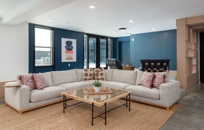 a living room with a couch and a coffee table