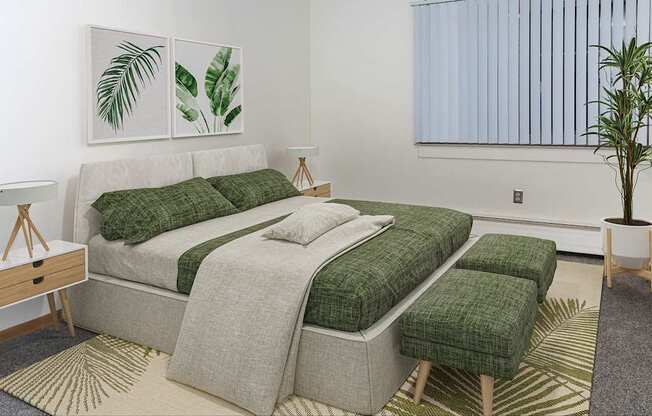 A bedroom with a large bed and a green blanket.