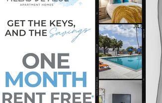 A poster advertising a one month rent free offer at Villas De Azul Apartment Homes.