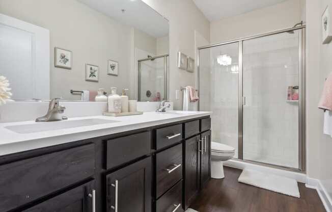 A bathroom with a white sink and black cabinets.at Century Hampton Roads, Suffolk, VA 23435  