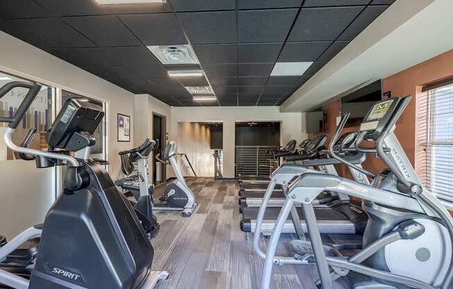 A gym with treadmills and elliptical machines.