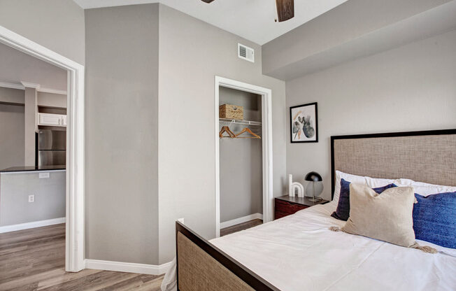 a bedroom with a bed and a closet