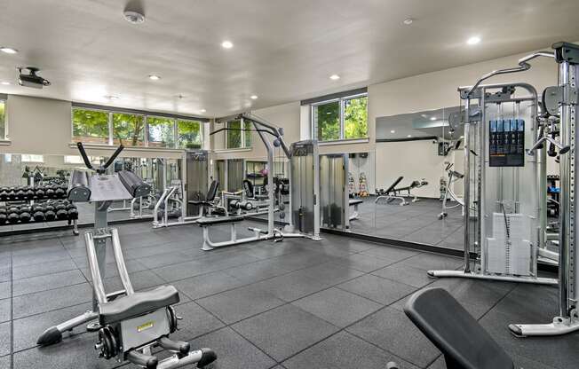 a fully equipped gym with weights machines and other exercise equipment