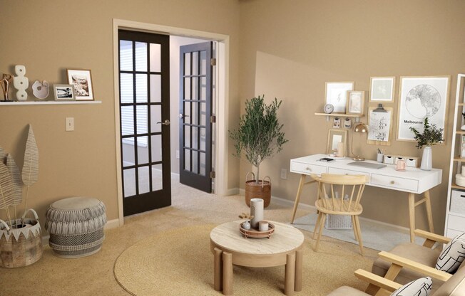 a living room with a desk and a chair