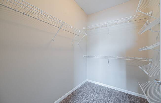 a spacious walk in closet in an empty room with empty shelves