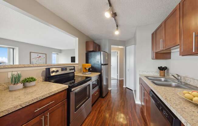 furnished kitchen with granite counter tops and stainless steel appliances and wood flooring